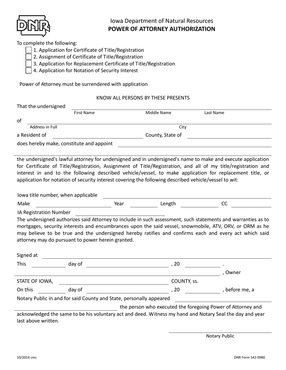 DNR Form 542-0980 Power of Attorney Authorization - Iowa, Page 1