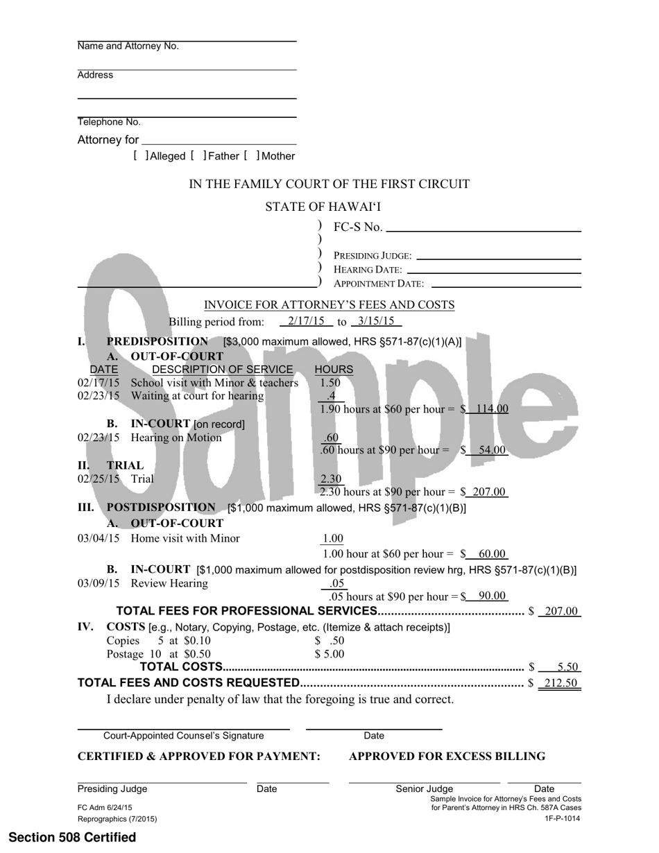 Sample Form 1F-P-1014 Invoice for Attorneys Fees and Costs for Parents Attorney in Hrs Ch. 587a Cases - Hawaii, Page 1
