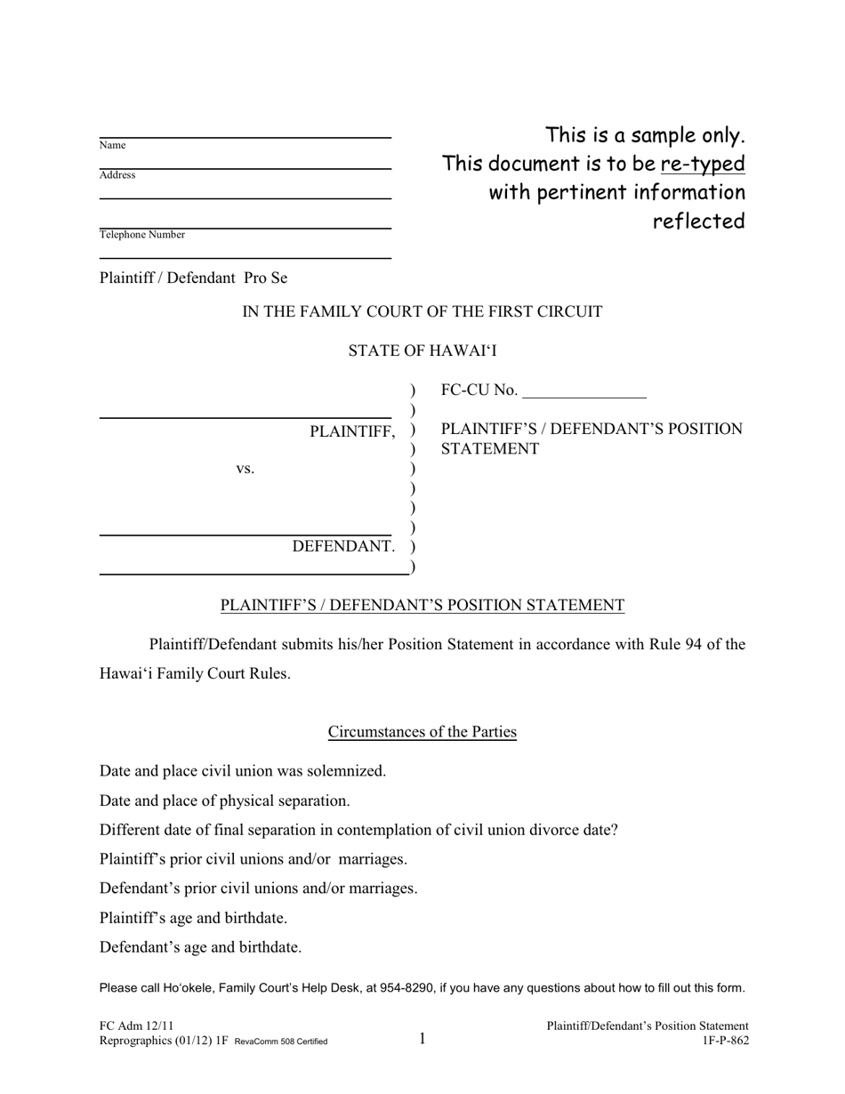 Form 1F-P-862 Plaintiffs / Defendants Position Statement - Hawaii, Page 1