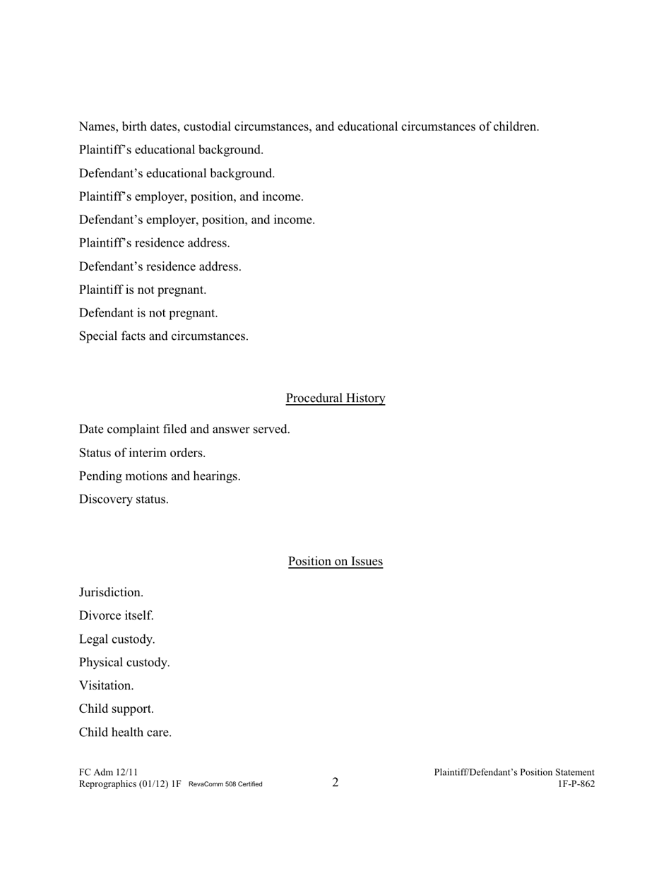 Form 1F-P-862 Plaintiffs / Defendants Position Statement - Hawaii, Page 2