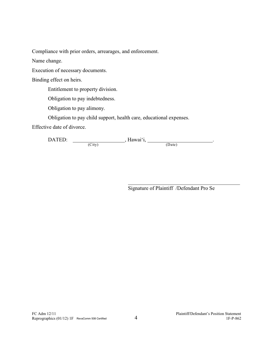 Form 1F-P-862 Plaintiffs / Defendants Position Statement - Hawaii, Page 4