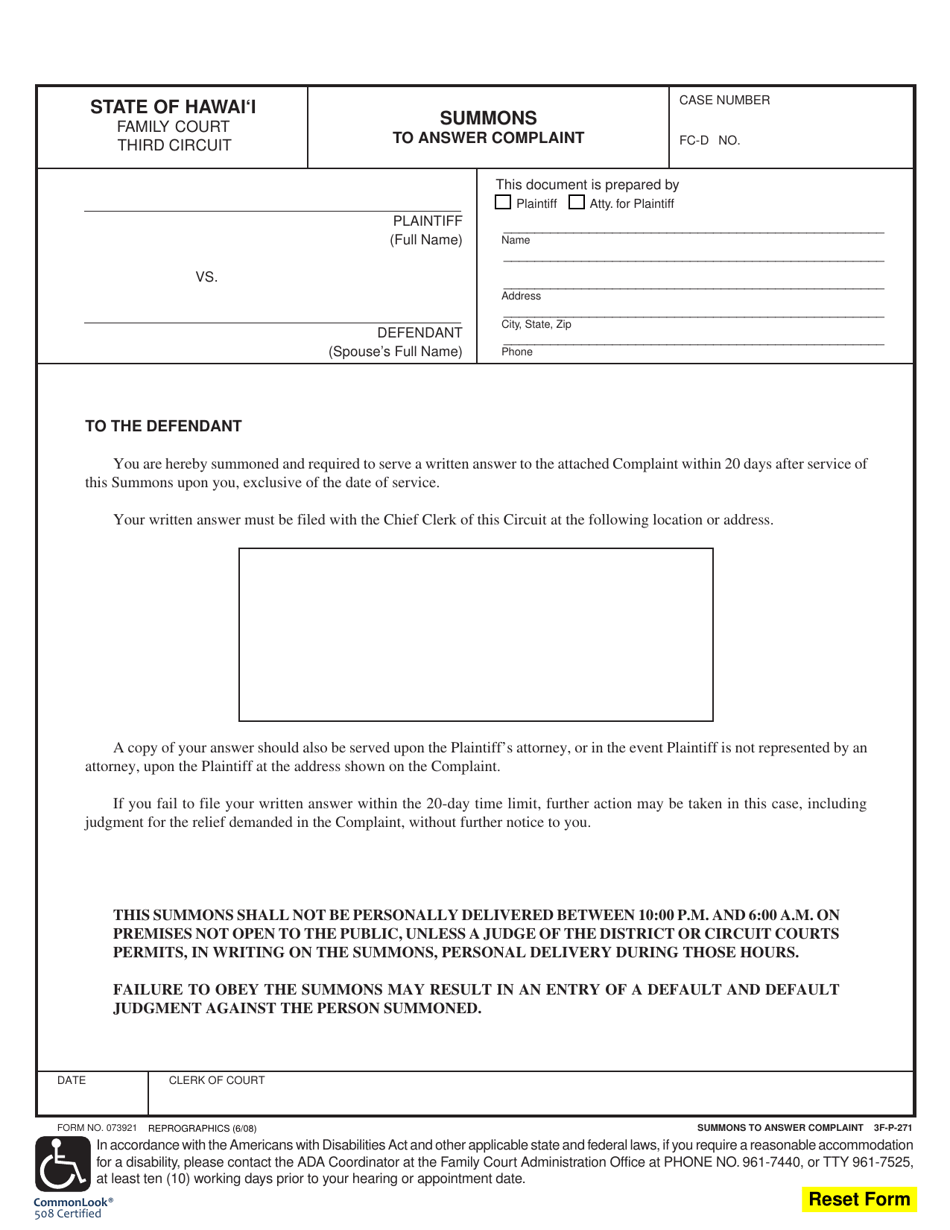 Form 3-FP-271 Summons to Answer Complaint - Hawaii, Page 1