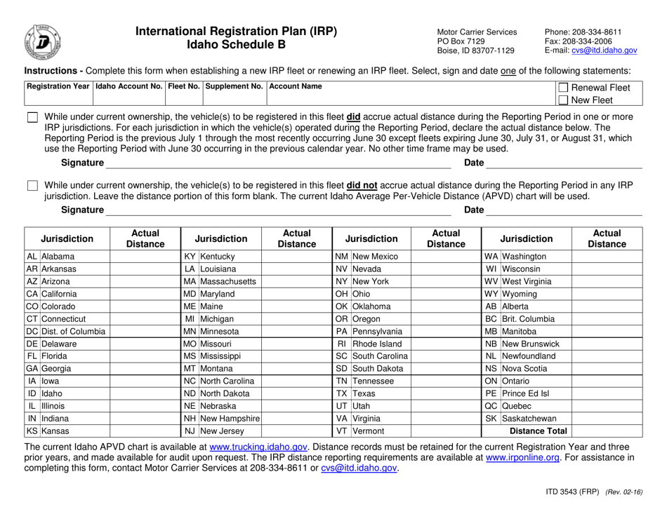 Form ITD3543 Schedule B International Registration Plan (Irp) - Idaho, Page 1