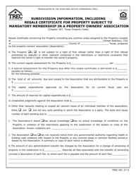 TREC Form 37-5 Subdivision Information, Including Resale Certificate for Property Subject to Mandatory Membership in a Property Owners&#039; Association - Texas