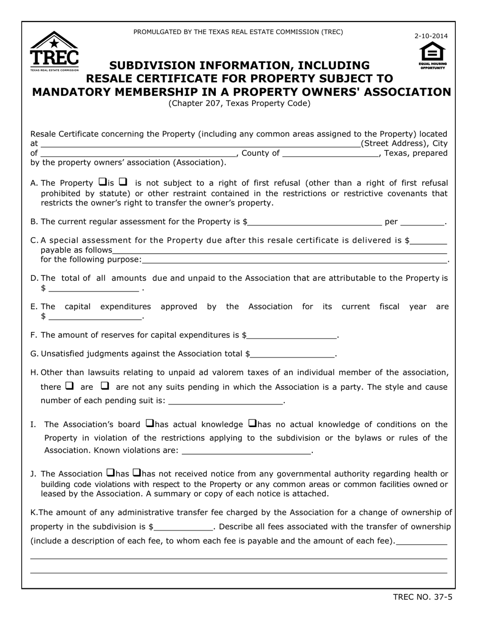 TREC Form 37-5 Subdivision Information, Including Resale Certificate for Property Subject to Mandatory Membership in a Property Owners Association - Texas, Page 1