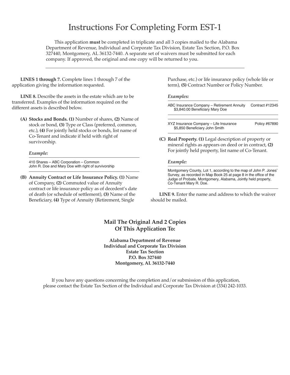 Form EST-1 Application for Estate Tax Waiver - Alabama, Page 2