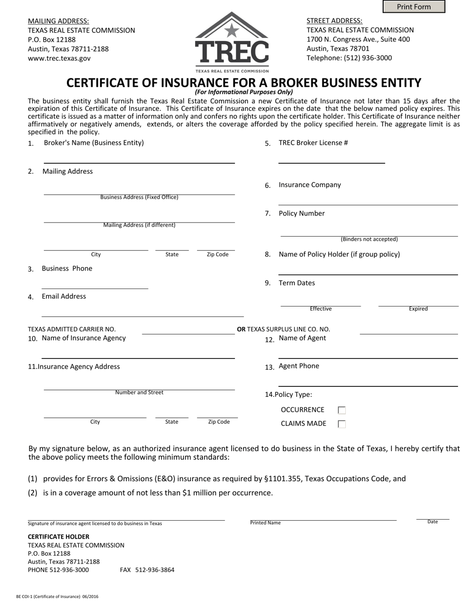 TREC Form BE COI-1 Certificate of Insurance for a Broker Business Entity - Texas, Page 1