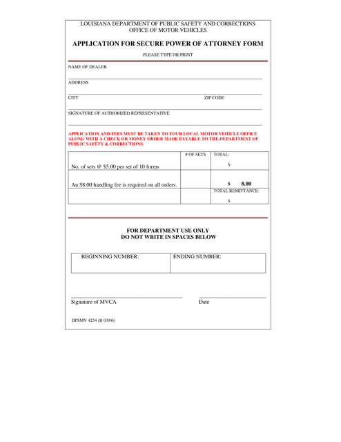 Form DPSMV4254 Application for Secure Power of Attorney Form - Louisiana