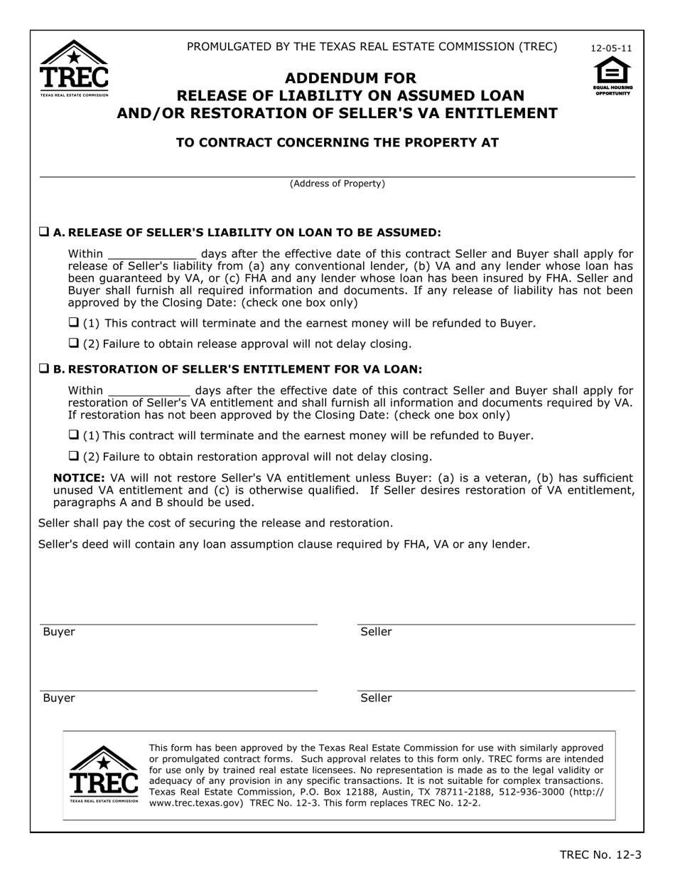 TREC Form 12-3 Addendum for Release of Liability on Assumed Loan and / or Restoration of Sellers VA Entitlement - Texas, Page 1