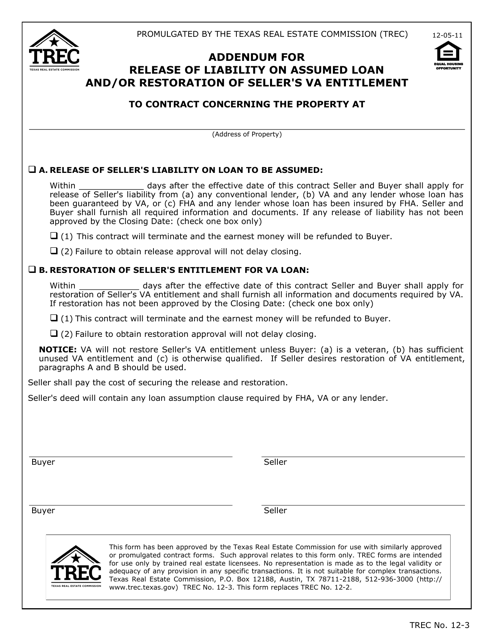 TREC Form 12-3 Addendum for Release of Liability on Assumed Loan and/or Restoration of Seller's VA Entitlement - Texas