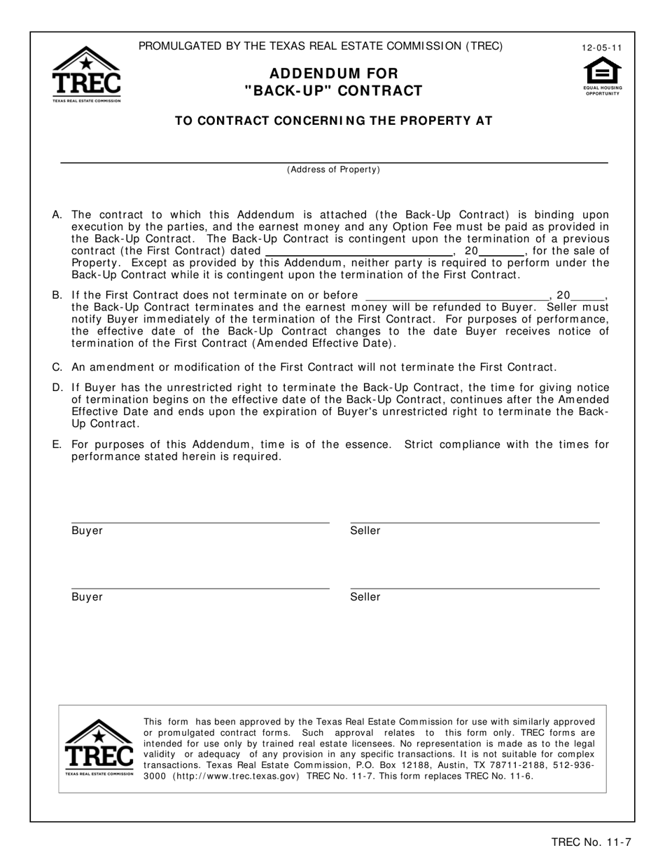 TREC Form 11-7 Addendum for back-Up Contract - Texas, Page 1