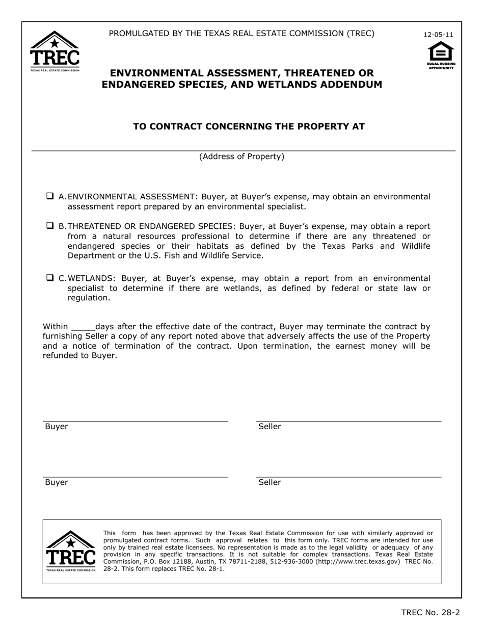 TREC Form 28-2 Environmental Assessment, Threatened or Endangered Species, and Wetlands Addendum - Texas, Page 1