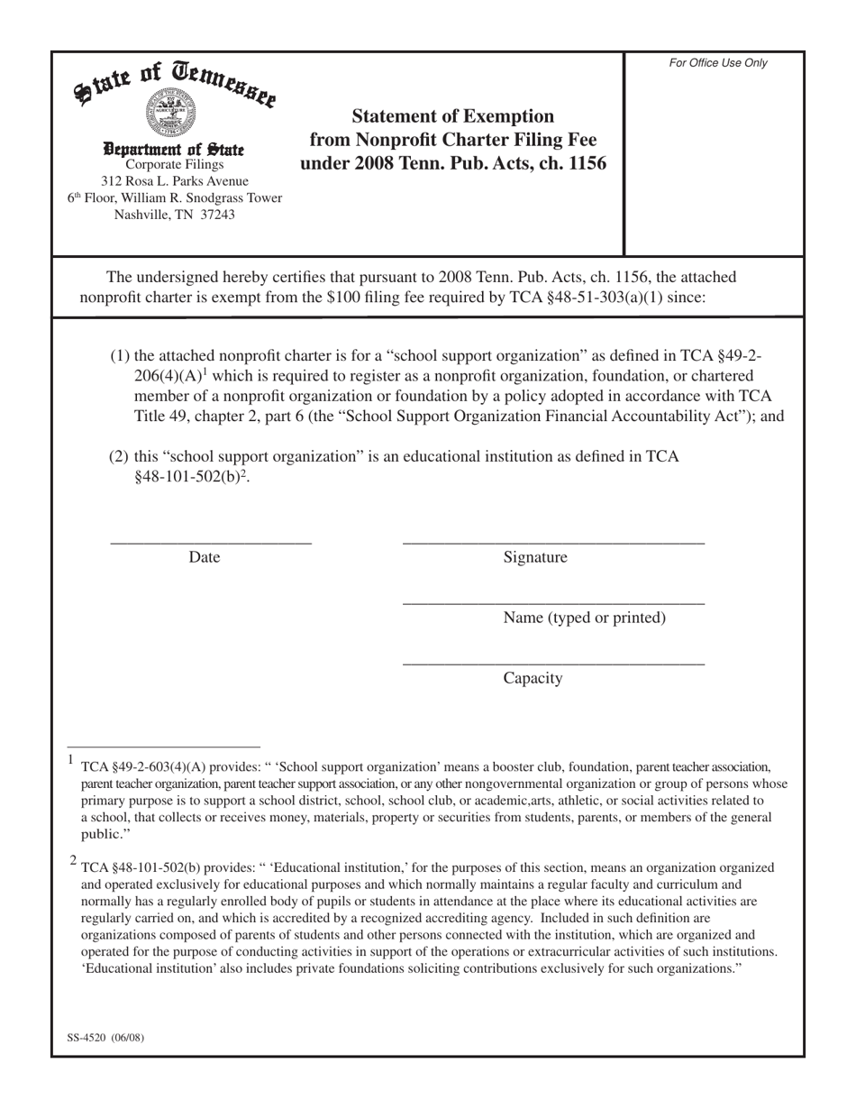 Form SS-4520 Statement of Exemption From Nonprofit Charter Filing Fee Under 2008 Tenn. Pub. Acts, Ch. 1156 - Tennessee, Page 1