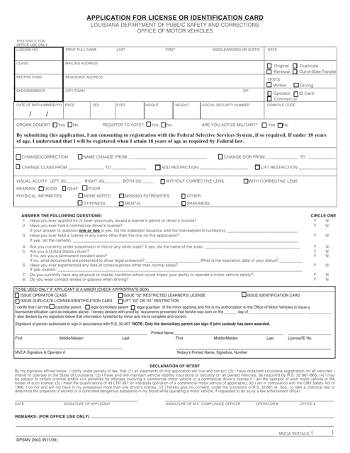Form DPSMV2003  Printable Pdf