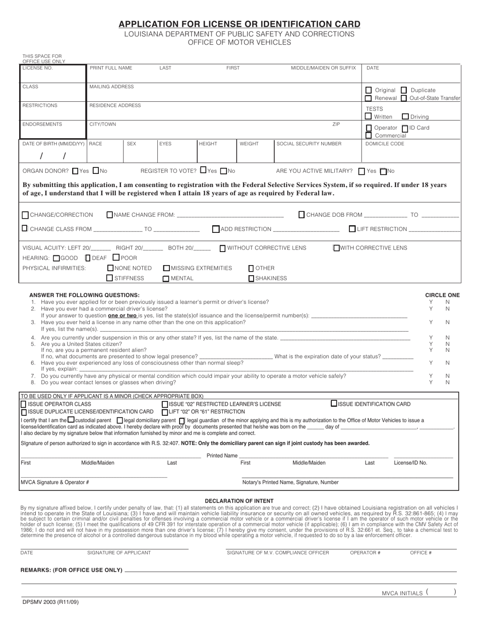 Form DPSMV2003 Application for License or Identification Card - Louisiana, Page 1