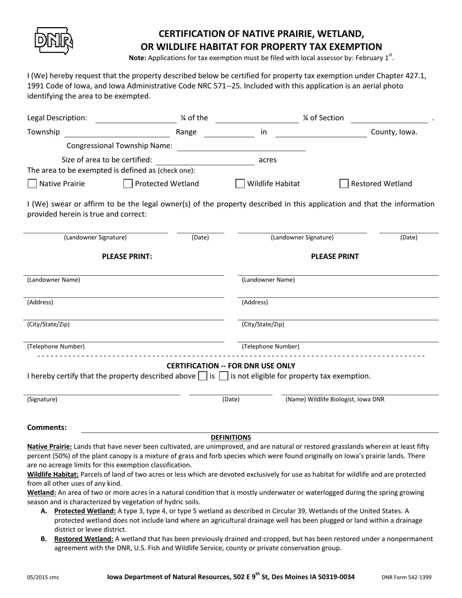 DNR Form 542-1399 Certification of Native Prairie, Wetland, or Wildlife Habitat for Property Tax Exemption - Iowa, Page 1