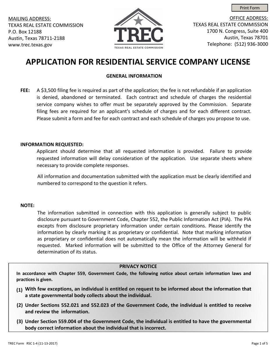 TREC Form RSC1-4 Application for Residential Service Company License - Texas, Page 1