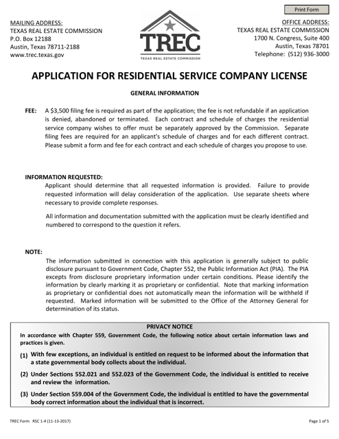 TREC Form RSC1-4 Application for Residential Service Company License - Texas