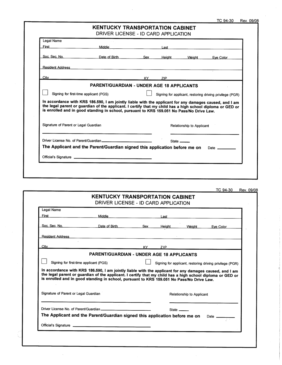 Form TC94-30 Driver License - Id Card Application - Kentucky, Page 1