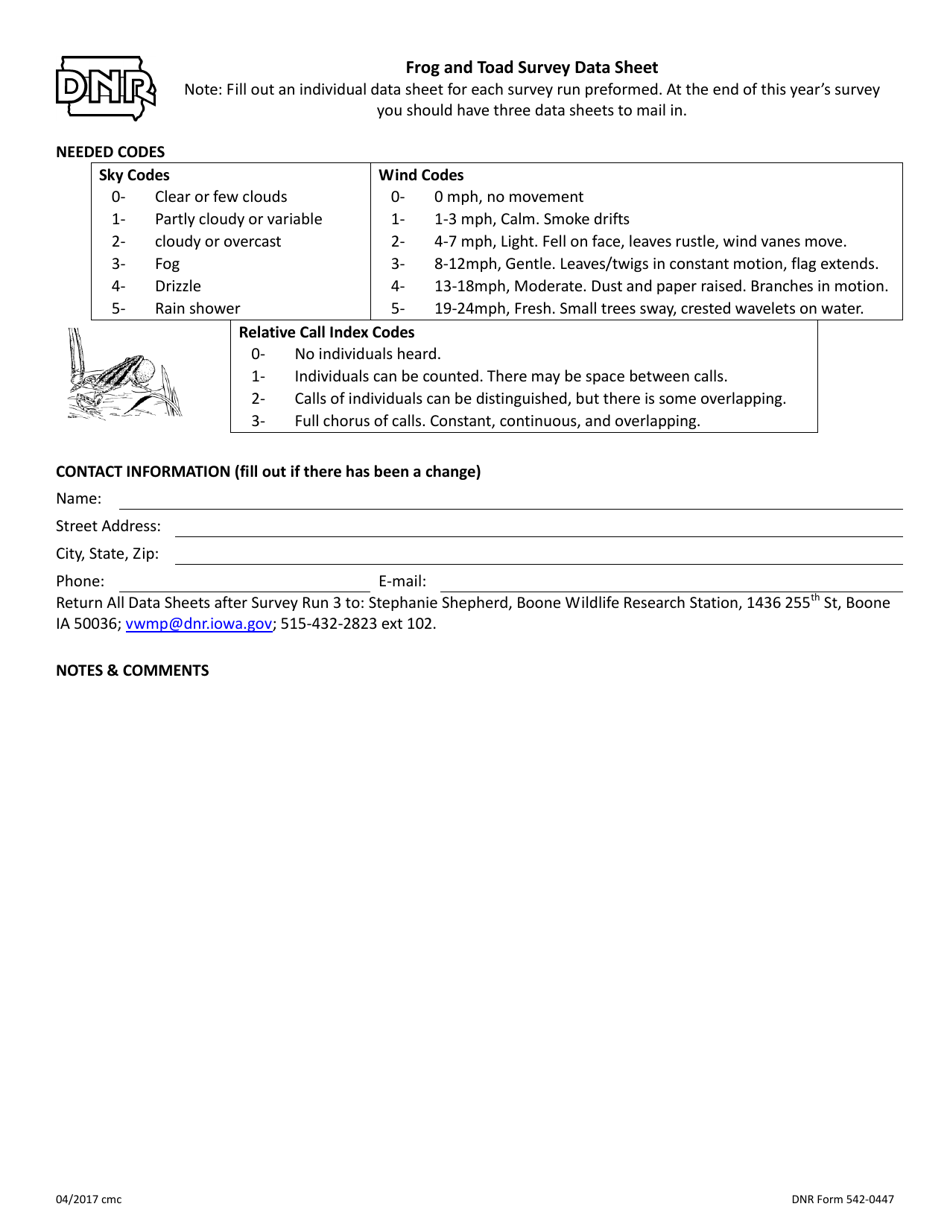 DNR Form 542-0447 Frog and Toad Survey Data Sheet - Iowa, Page 1