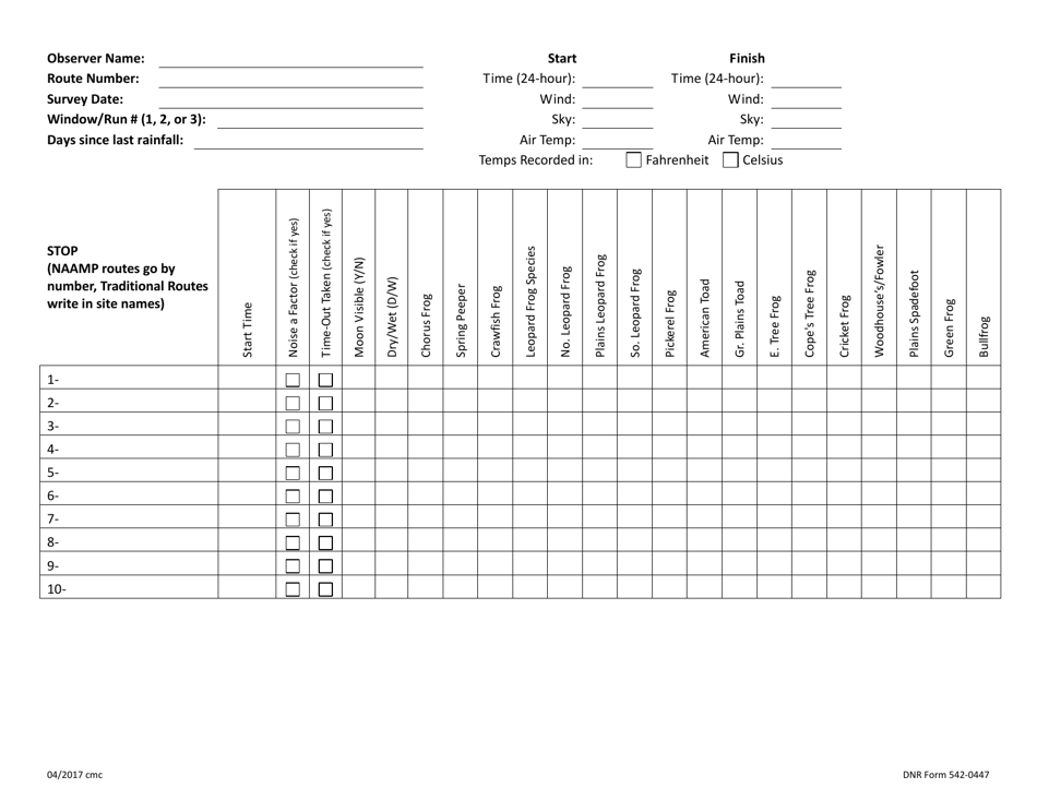 DNR Form 542-0447 Frog and Toad Survey Data Sheet - Iowa, Page 2