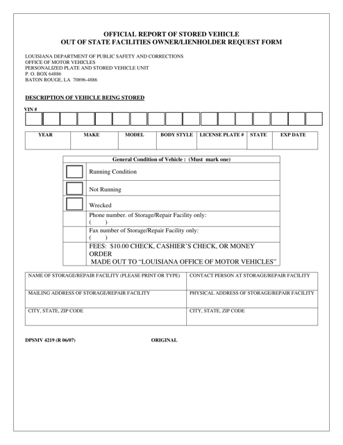 Form DPSMV4219 Official Report of Stored Vehicle out of State Facilities Owner/Lienholder Request Form - Louisiana