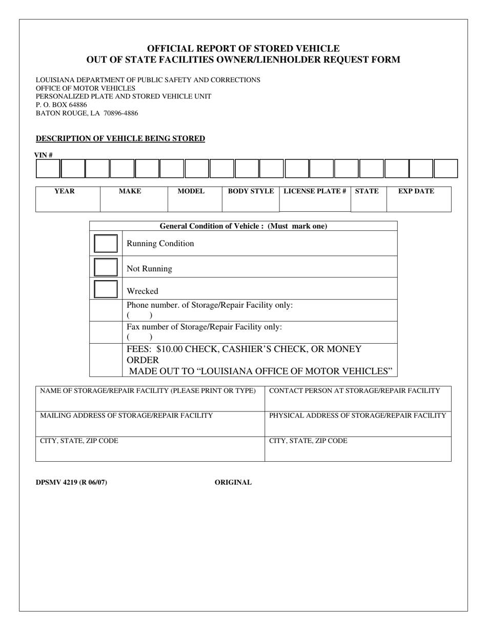 Form DPSMV4219 Official Report of Stored Vehicle out of State Facilities Owner / Lienholder Request Form - Louisiana, Page 1