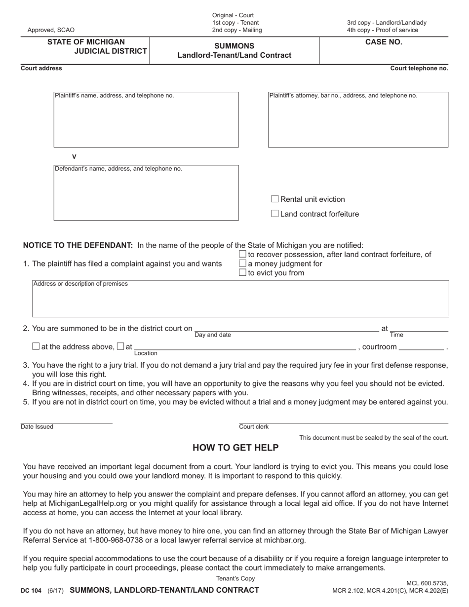 Form DC104 Summons Landlord-Tenant / Land Contract - Michigan, Page 2