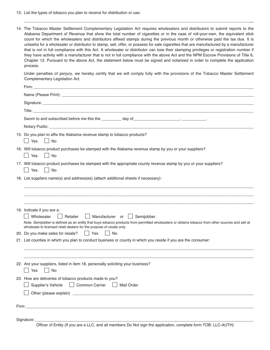 Form TOB: REG Tobacco Products Registration Form - Alabama, Page 2