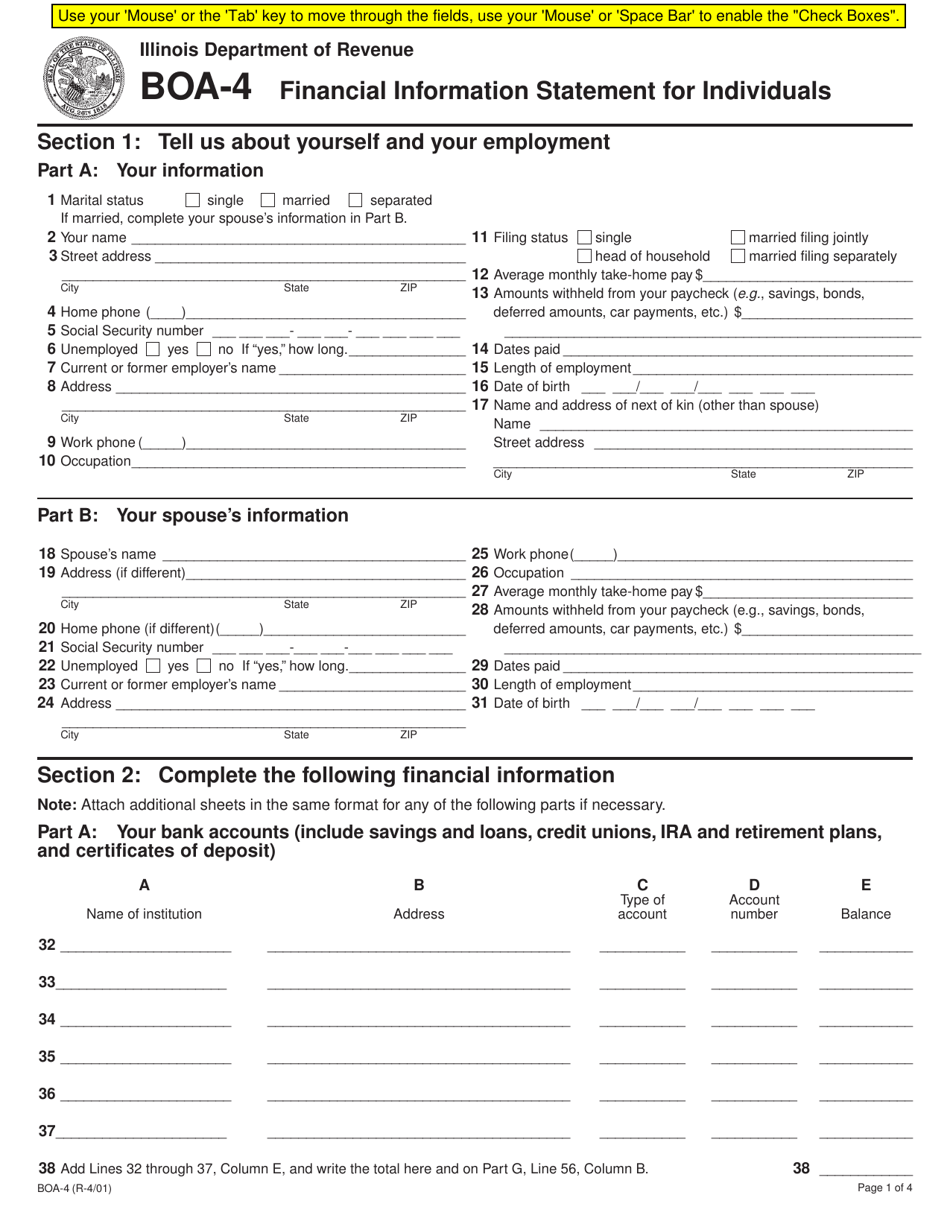 Form BOA-4 Financial Information Statement for Individuals - Illinois, Page 1