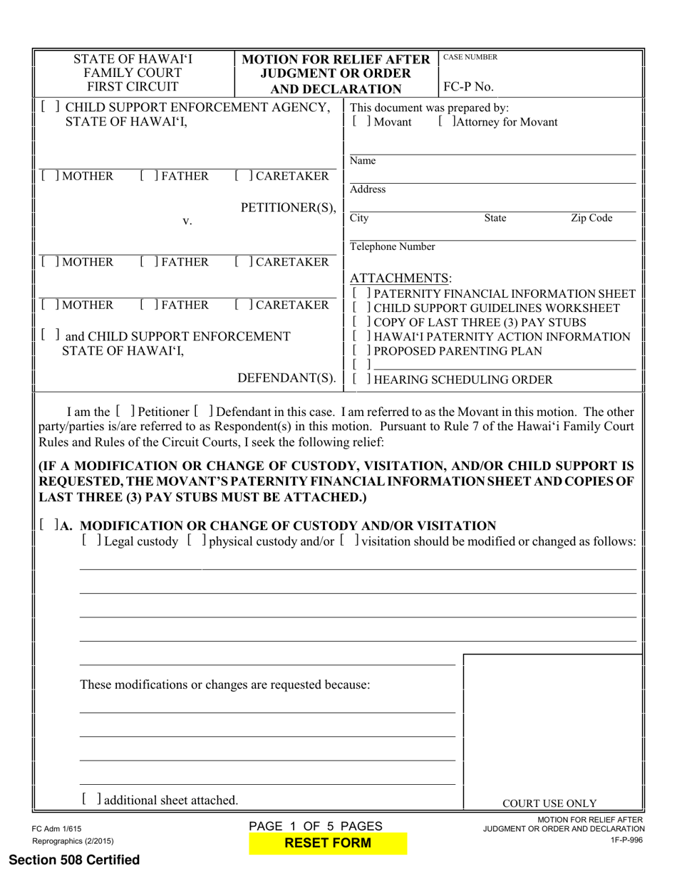Form 1F-P-996 Motion for Relief After Judgment or Order and Declaration - Hawaii, Page 1