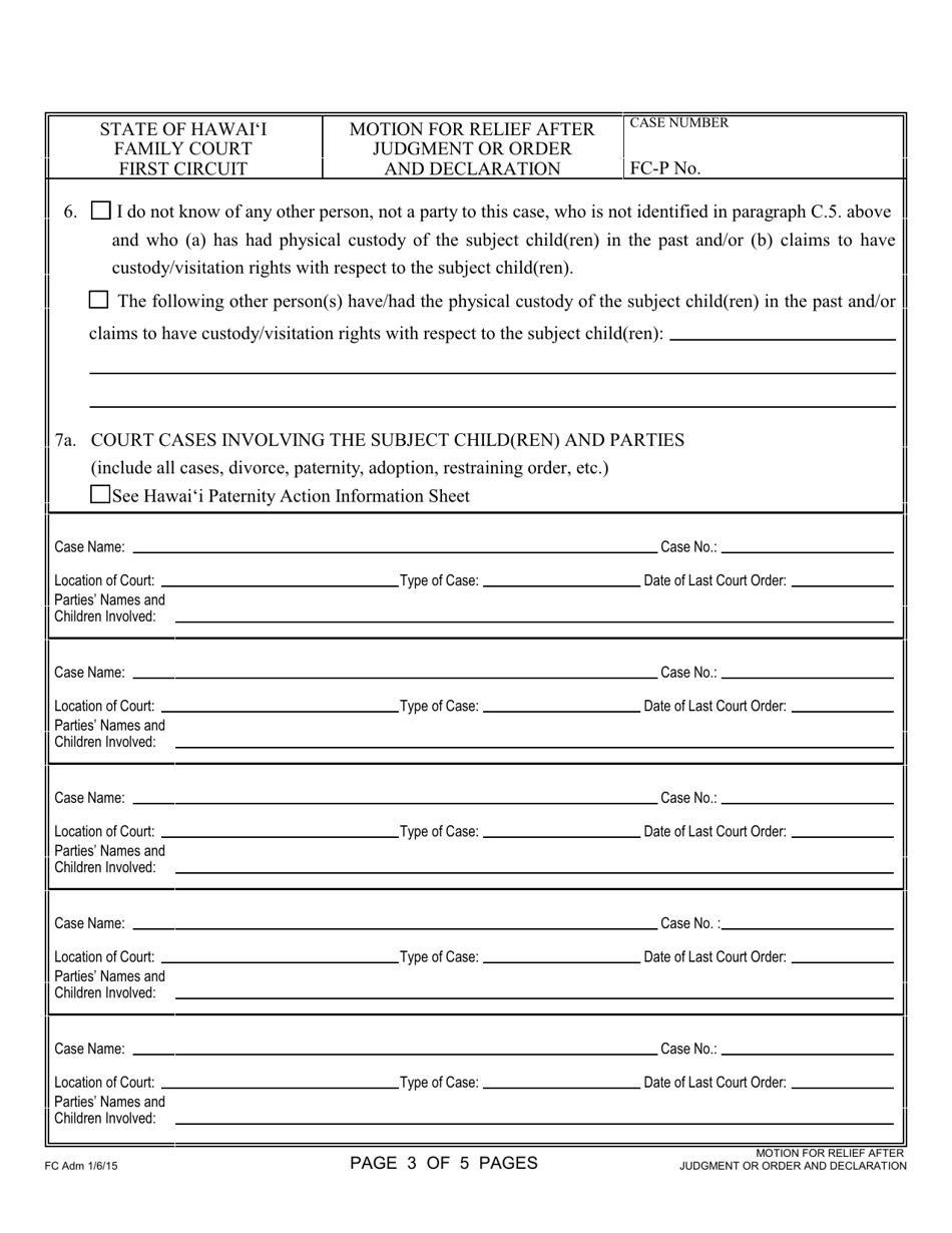 Form 1F-P-996 Motion for Relief After Judgment or Order and Declaration - Hawaii, Page 3