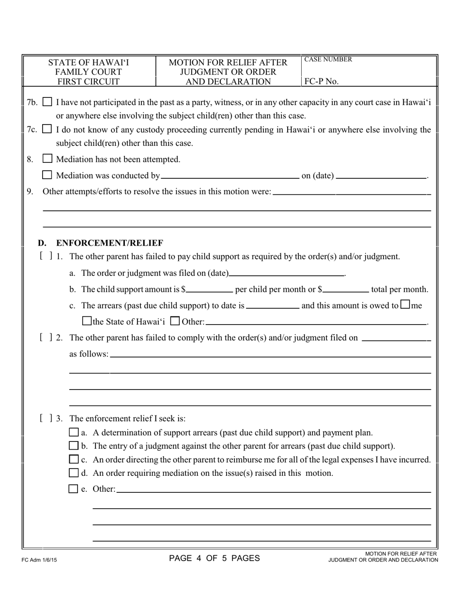 Form 1F-P-996 Motion for Relief After Judgment or Order and Declaration - Hawaii, Page 4