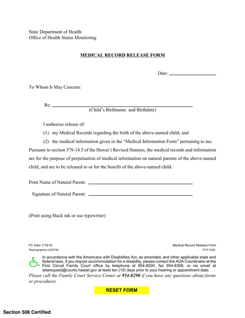 Form 1F-P-1032 Medical Record Release Form - Hawaii