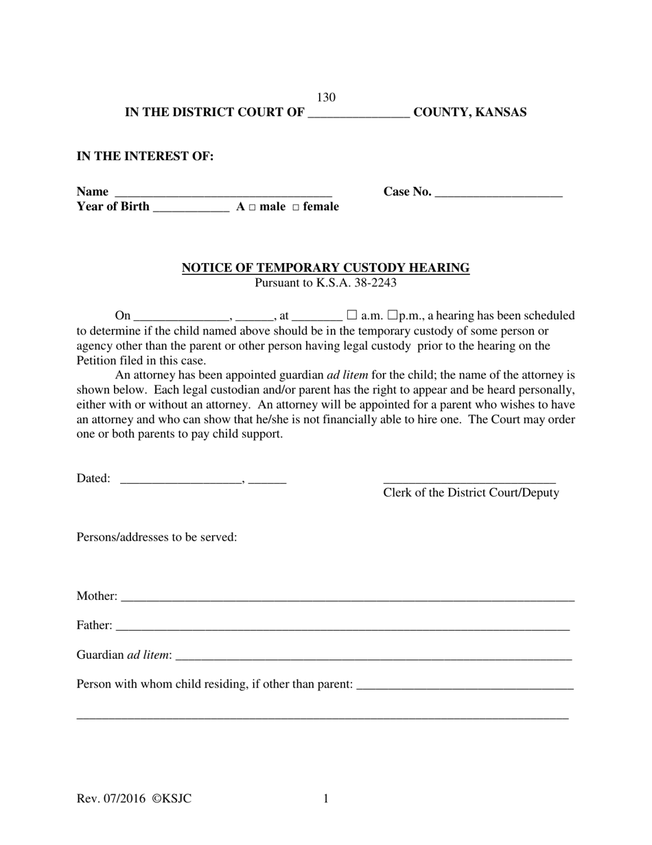 Form 130 Notice of Temporary Custody Hearing - Kansas, Page 1