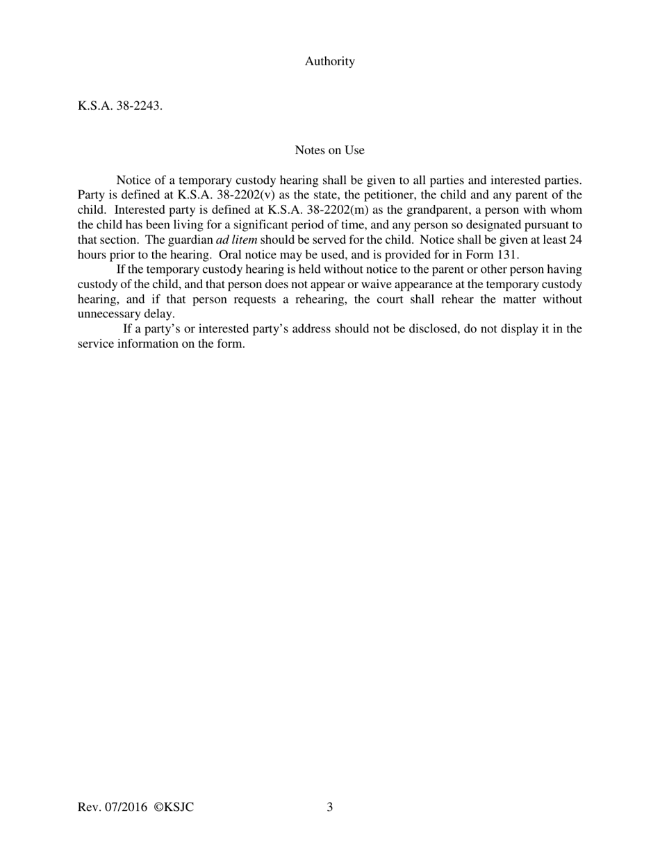 Form 130 Notice of Temporary Custody Hearing - Kansas, Page 3