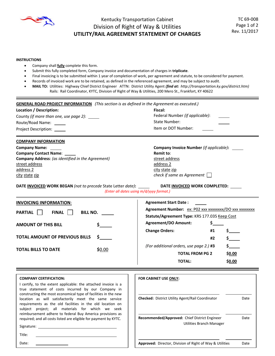 Form TC69-008 Utility / Rail Agreement Statement of Charges - Kentucky, Page 1