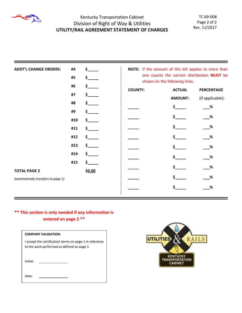 Form TC69-008 Utility / Rail Agreement Statement of Charges - Kentucky, Page 2