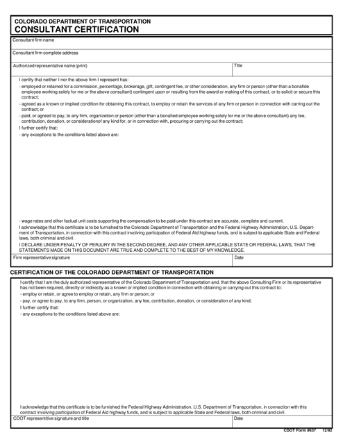 CDOT Form 637 Consultant Certification - Colorado