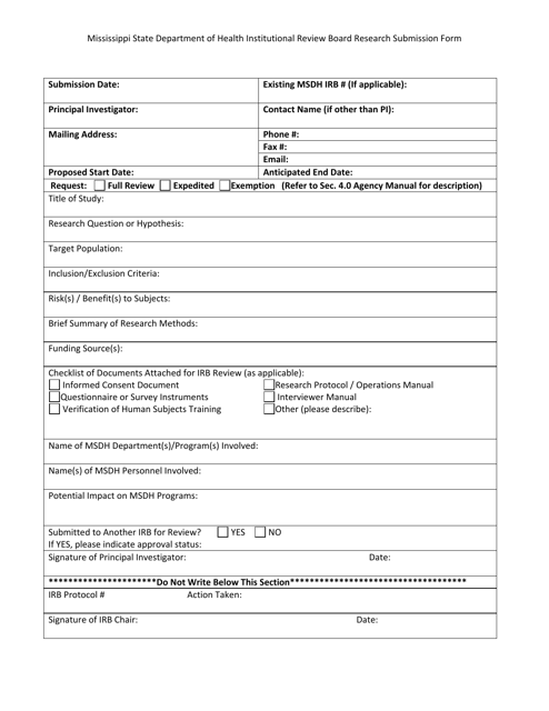 Institutional Review Board Research Submission Form - Mississippi Download Pdf