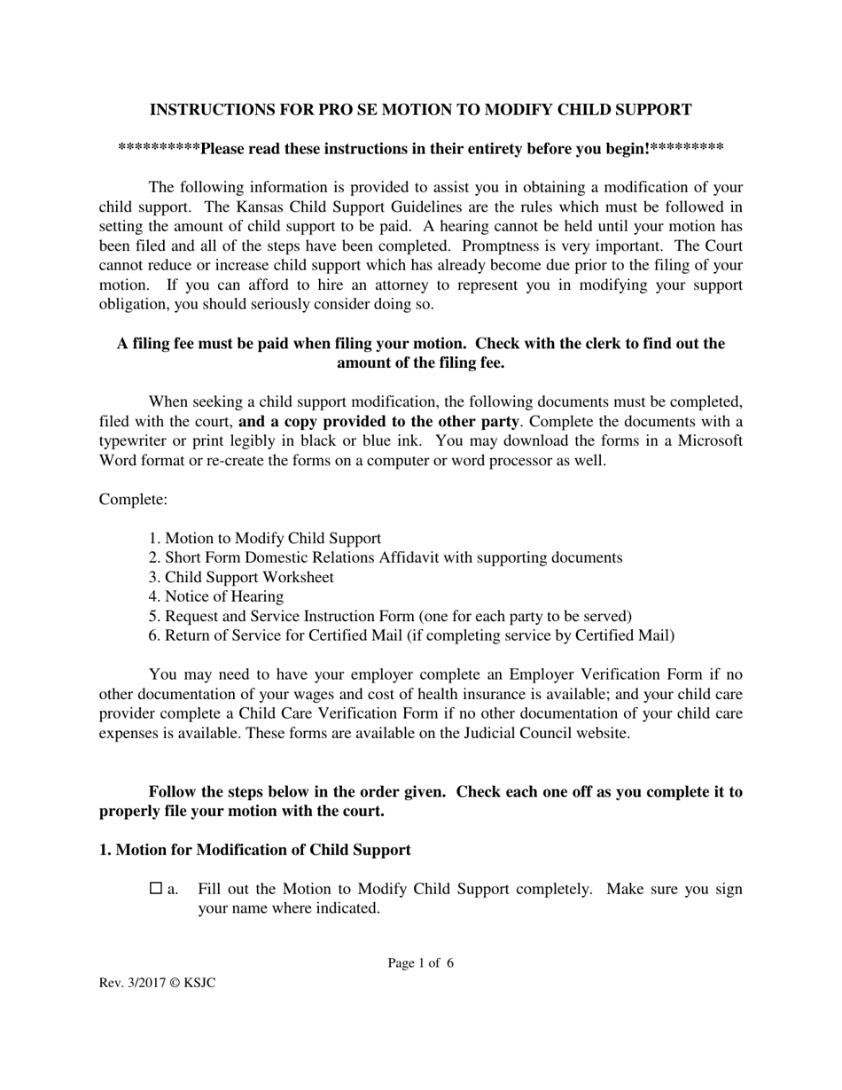 Kansas Instructions for Pro Se Motion to Modify Child Support Fill