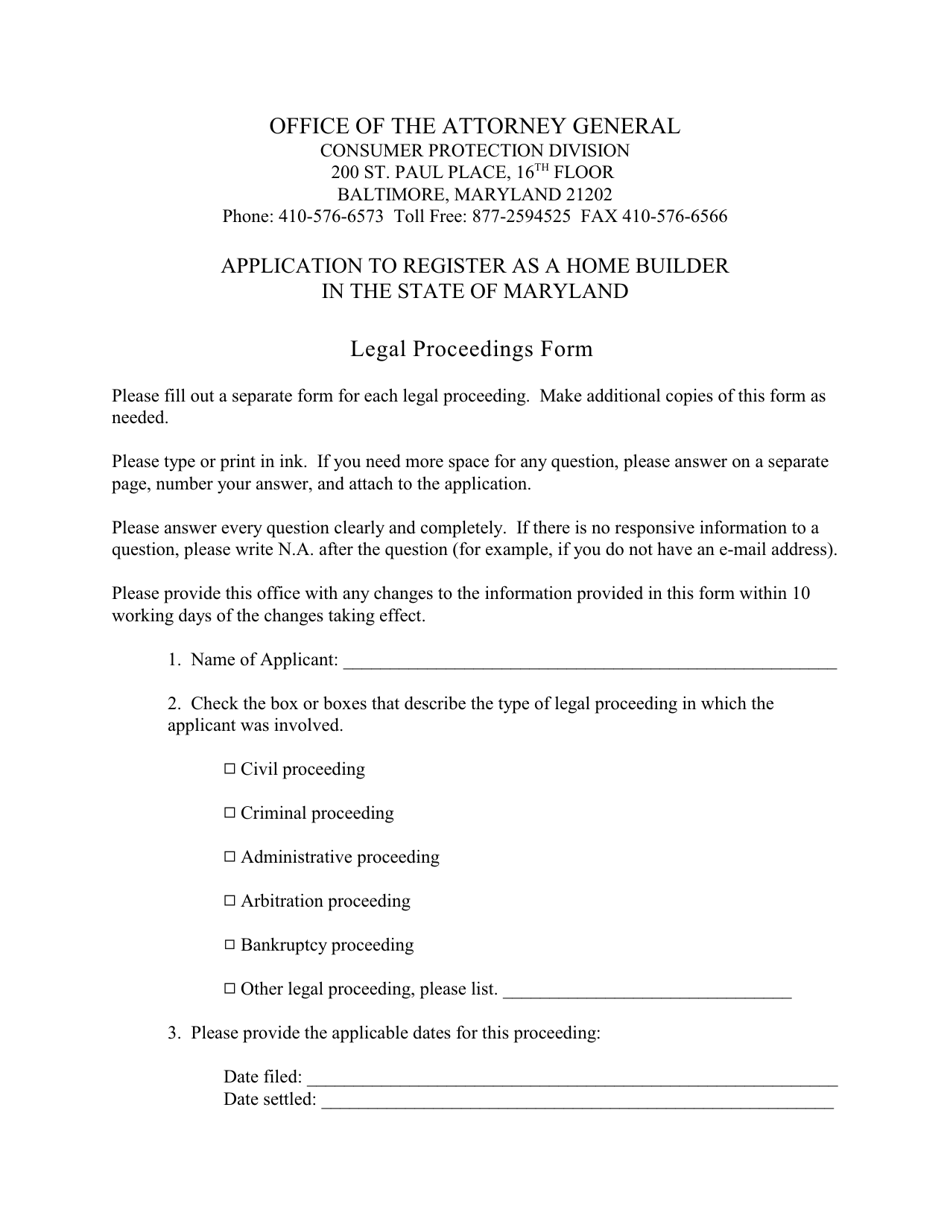 Legal Proceedings Form - Maryland, Page 1