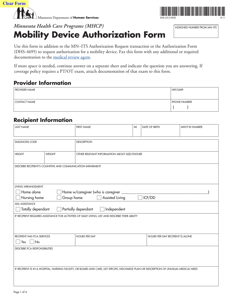 Form DHS-4315-ENG Mobility Device Authorization Form - Minnesota, Page 1