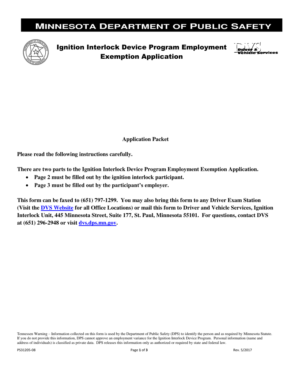 Form PS31205 Ignition Interlock Device Program Employment Exemption Application - Minnesota, Page 1