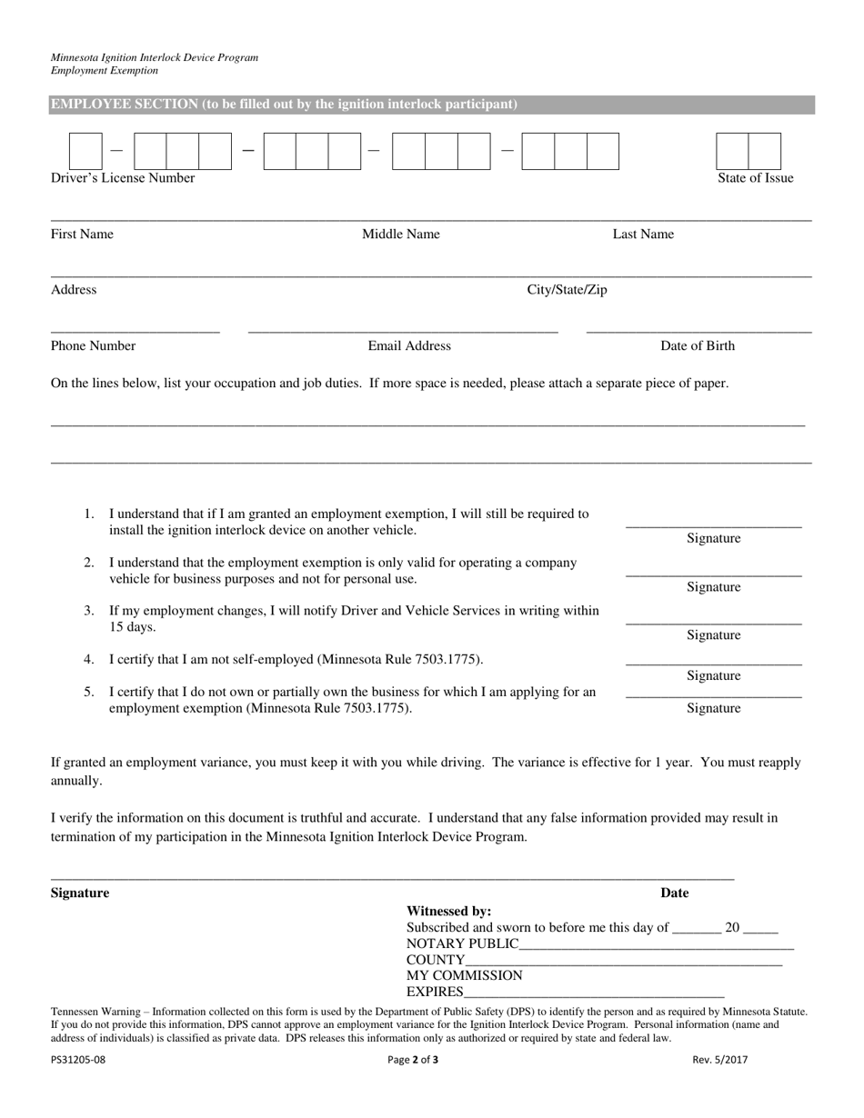 Form PS31205 Ignition Interlock Device Program Employment Exemption Application - Minnesota, Page 2