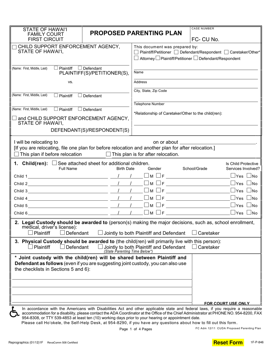 Form 1F-P-846 Proposed Parenting Plan - Hawaii, Page 1