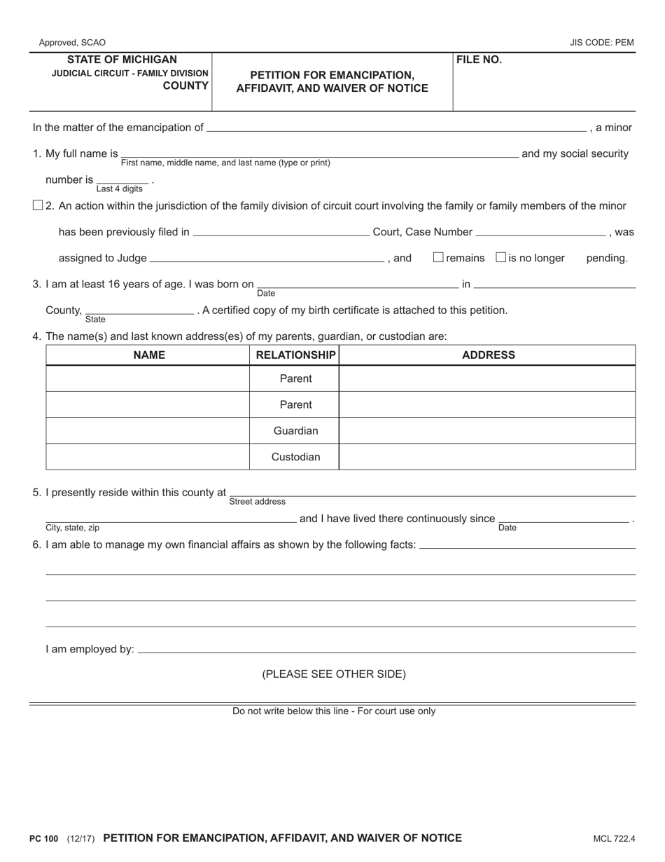 Form PC100 Petition for Emancipation, Affidavit, and Waiver of Notice - Michigan, Page 1