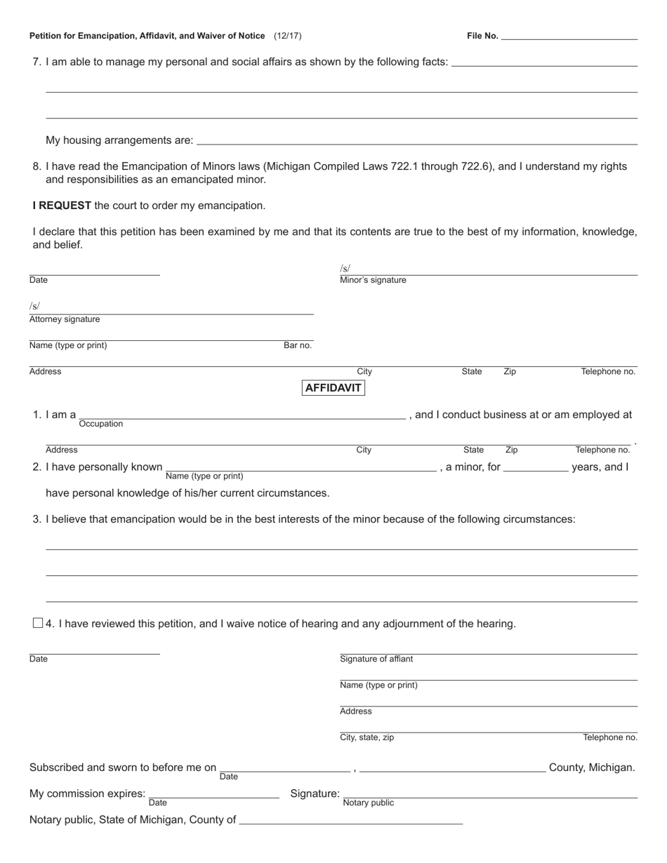 Form PC100 Petition for Emancipation, Affidavit, and Waiver of Notice - Michigan, Page 2