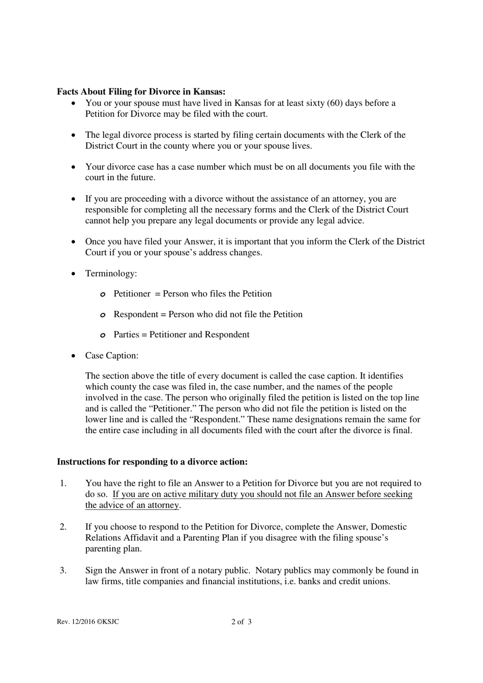 Instructions for Responding to Divorce Proceeding - With Children - Kansas, Page 2