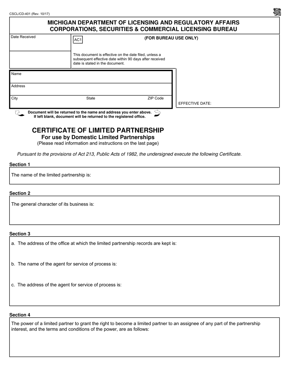 Form CSCL / CD-401 Certificate of Limited Partnership for Use by Domestic Limited Partnerships - Michigan, Page 1